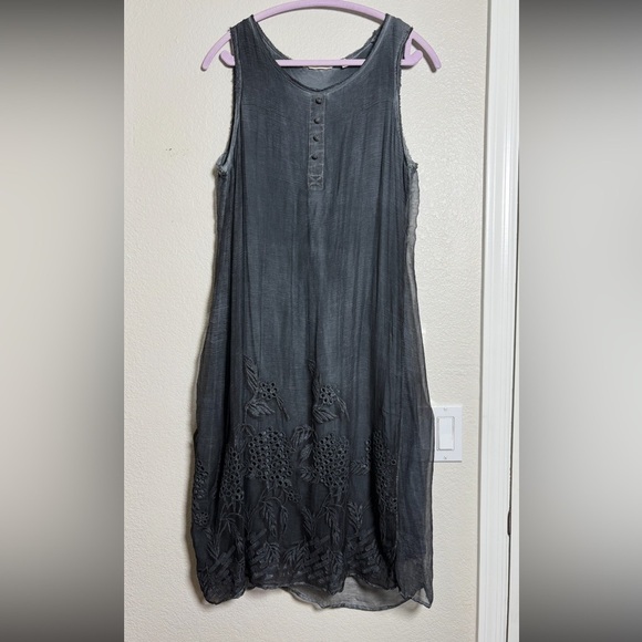 Soft Surroundings Charcoal Gray Silk Tank Dress w Embroidery and Viscose Liner - Picture 11 of 15